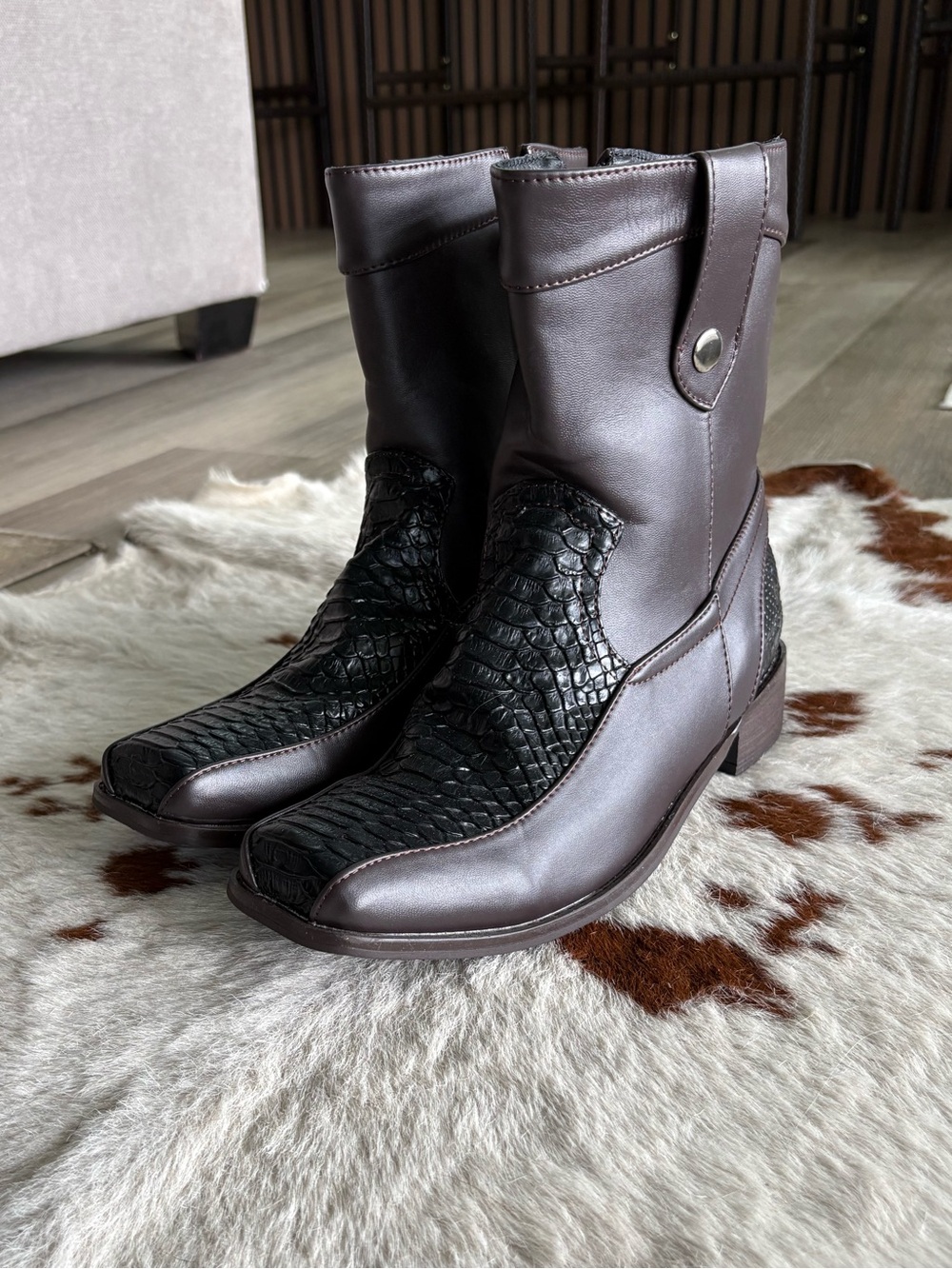 NEW in box: Brown Mid-Calf Boots with Black Textured Vamp